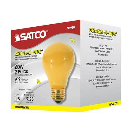 Satco 60 Watt A19 Incandescent Bulb - Yellow - 2000 Average Rated Hours - Medium base - 130 Volt, 2PK S3938